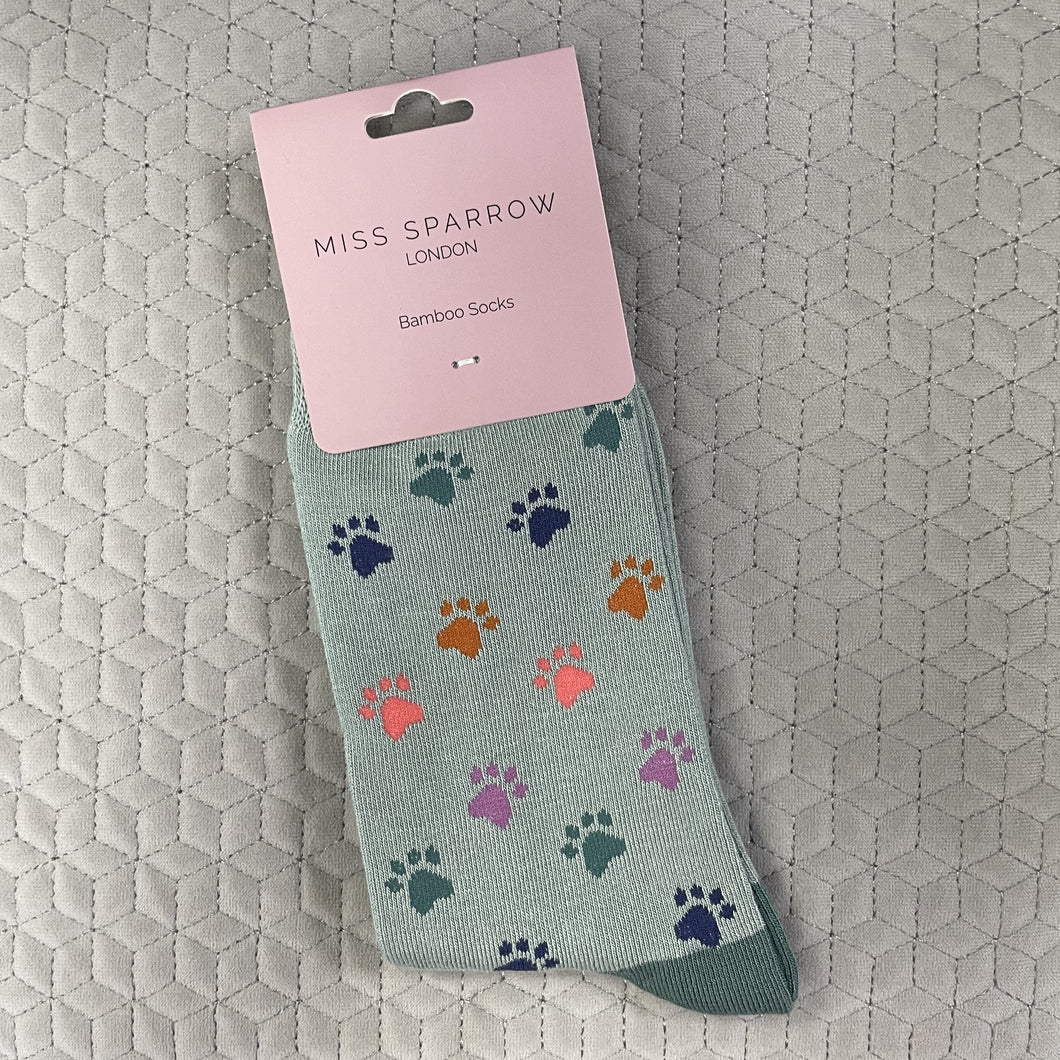 Multi paw prints socks - duck egg