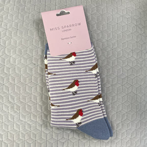 Robins on stripes socks - lavender