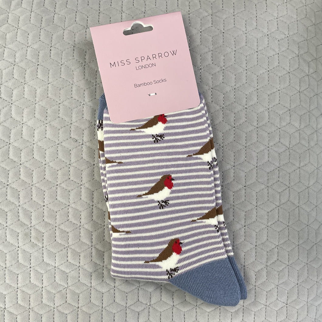 Robins on stripes socks - lavender