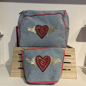 Flying heart denim make-up bag
