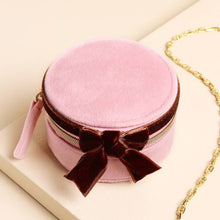 Load image into Gallery viewer, Round travel case - velvet pink &amp; burgundy bow
