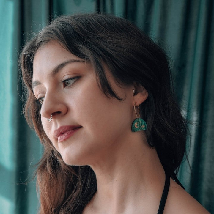 Moon rising arc stud earrings - teal marble
