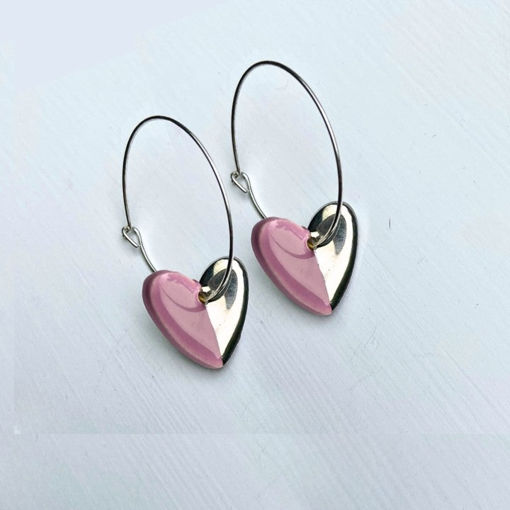 Hoop earrings with pink heart charms - silver