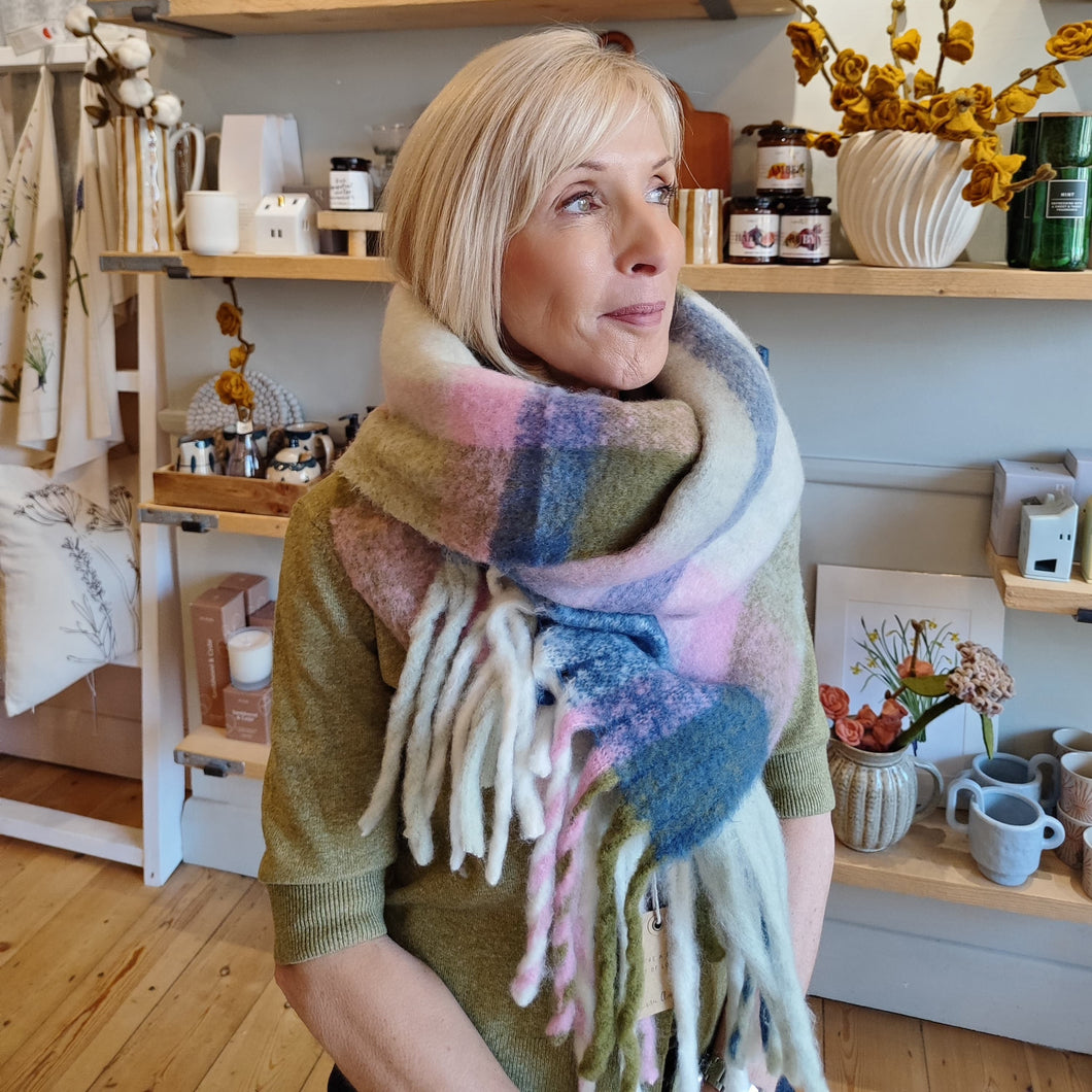 Olive & pink tartan wool scarf