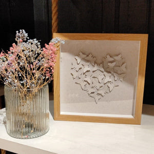 Handmade print - small oak frame - medium grey butterflies in heart shape