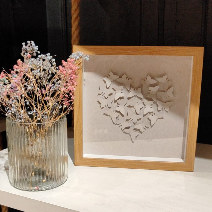Handmade print - small oak frame - medium grey butterflies in heart shape
