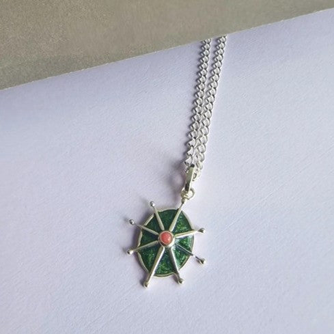Pink rhodonite & green enamel 8 point star necklace - silver