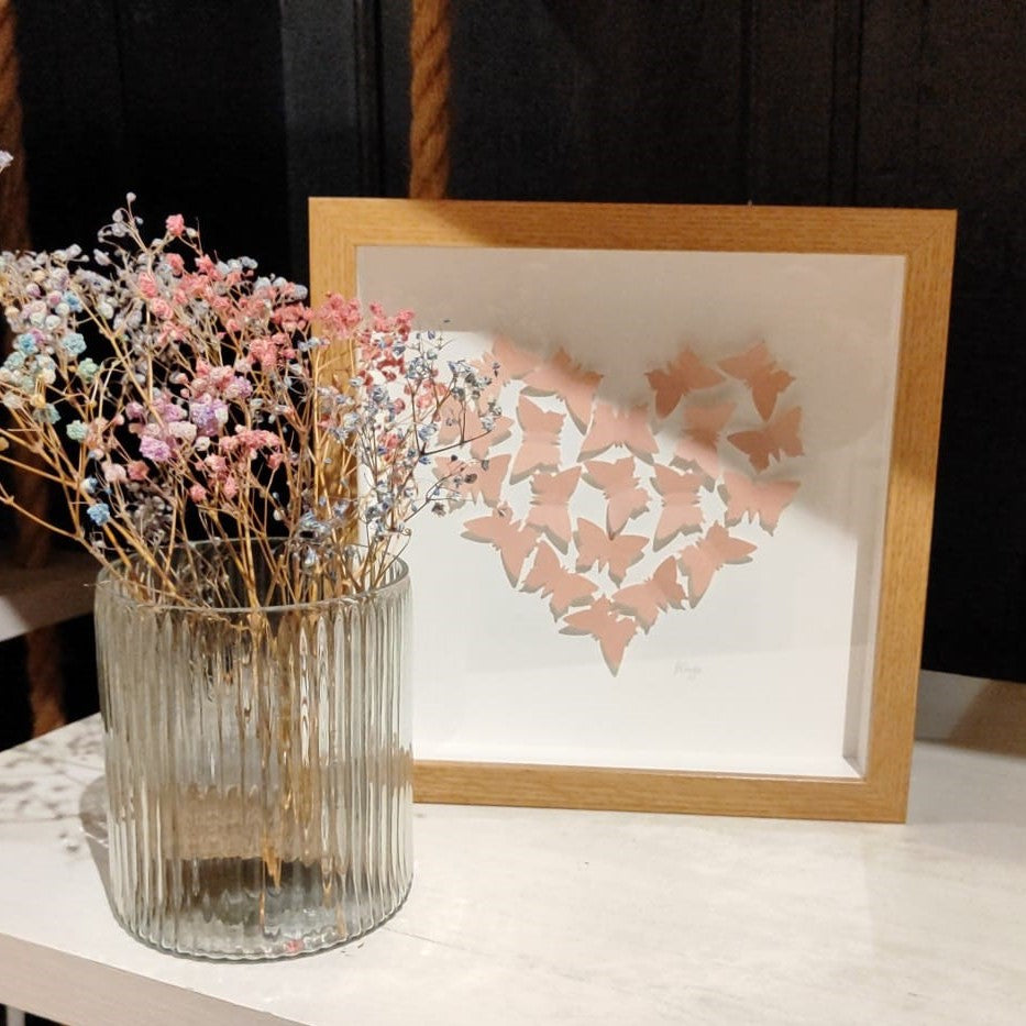 Handmade print - small oak frame - medium pink butterflies in heart shape