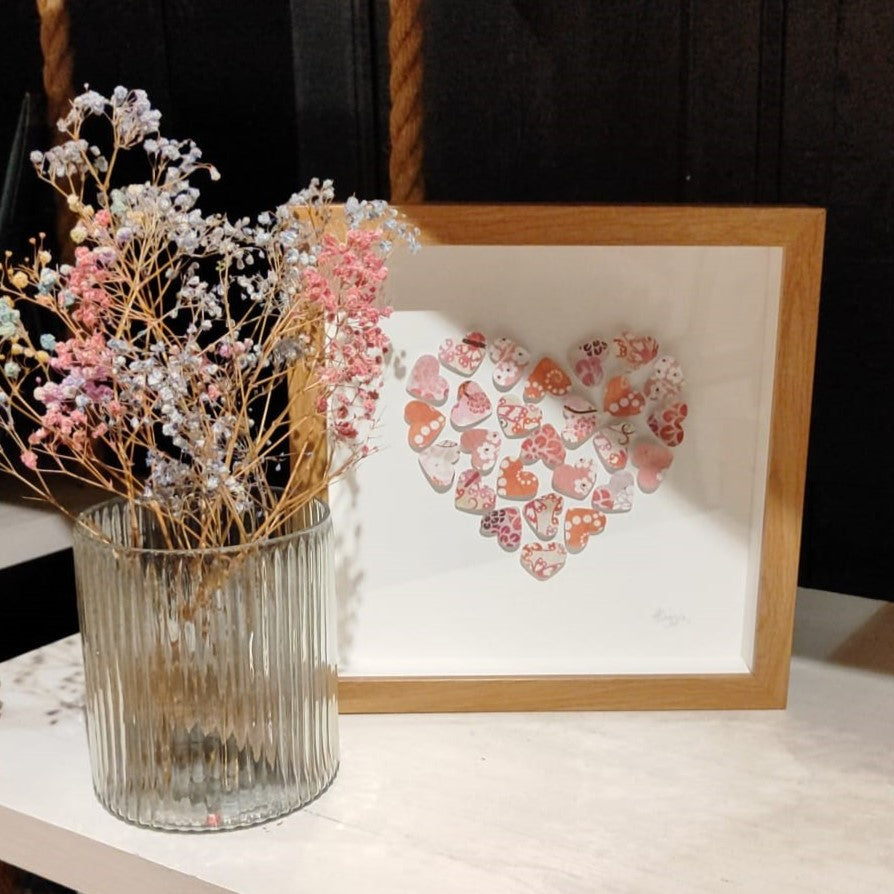 Handmade print - small oak frame - medium multi coloured hearts in heart