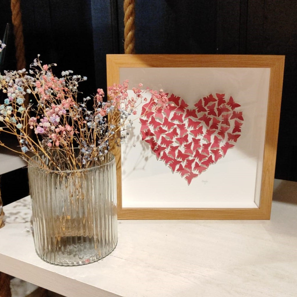 Handmade print - small oak frame - lots of tiny dark pink butterflies in heart shape