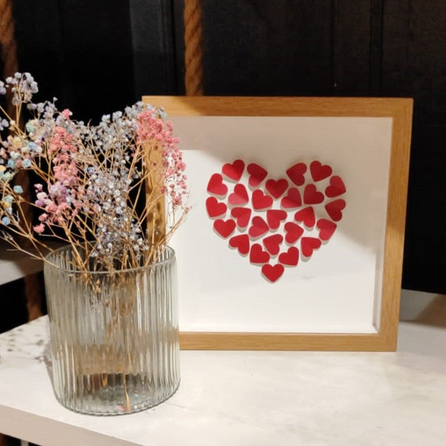 Handmade print - small oak frame - medium red hearts in heart