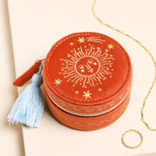 Load image into Gallery viewer, Celestial velvet mini round travel jewellery case - rust
