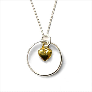 Silver ring necklace with gold vermeil heart charm