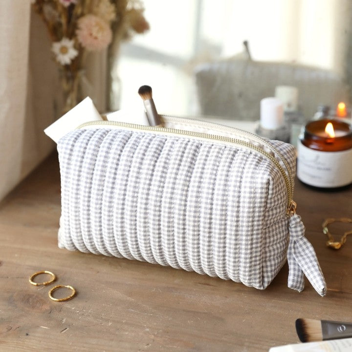 Gingham linen wash bag - small - grey