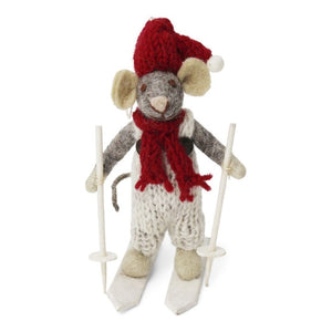 Grey boy mouse with white trousers on skis - small