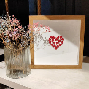 Handmade print - small oak frame - medium red hearts in heart shape
