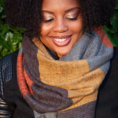 Sunrise scarf - yellow, petrol blue, rust & peppercorn