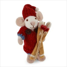 Load image into Gallery viewer, Xmas decs - white mouse w/ red dress &amp; ski - small
