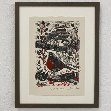 Winter garden bird framed print
