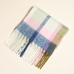 Olive & pink tartan wool scarf