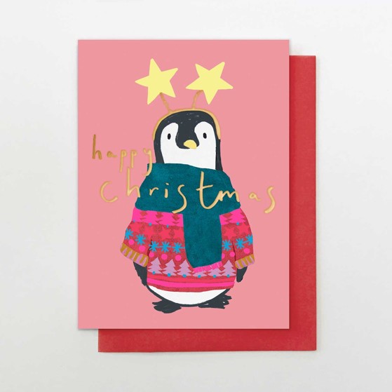 Christmas penguin with stars card