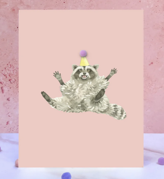 Raccoon pompom animal birthday card