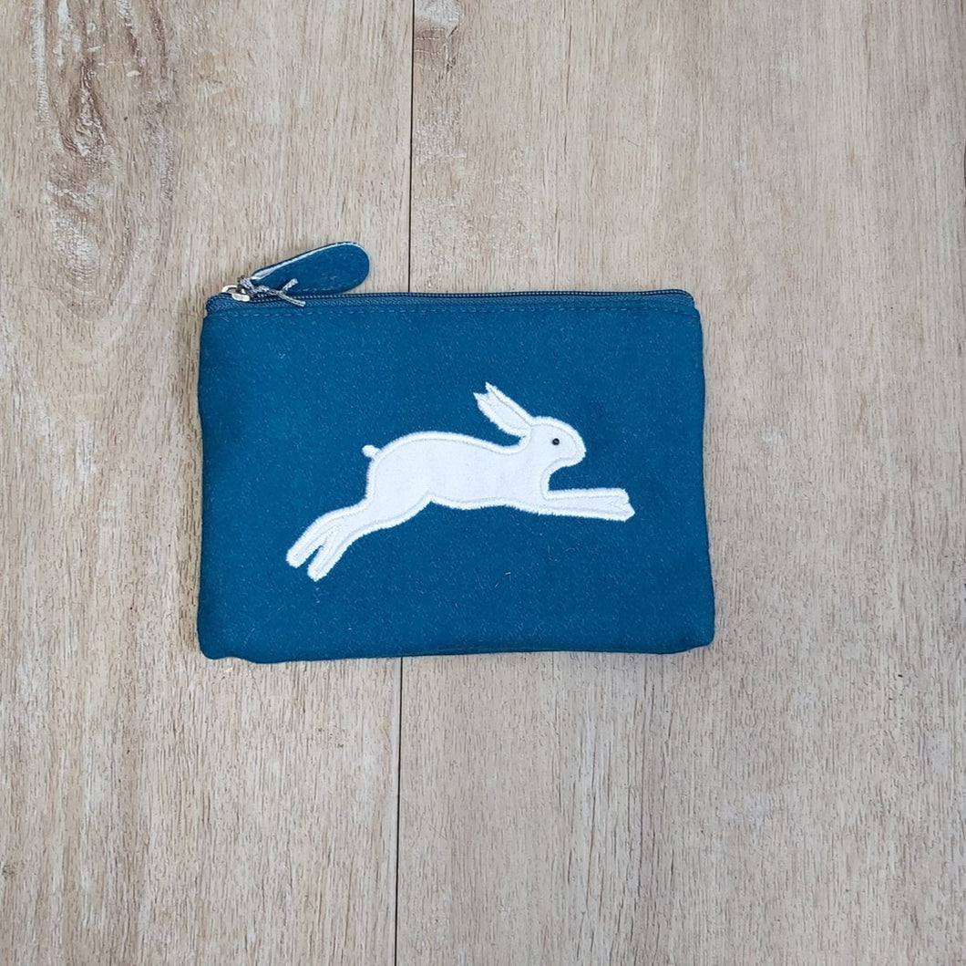 Felt leaping hare (white) purse - teal