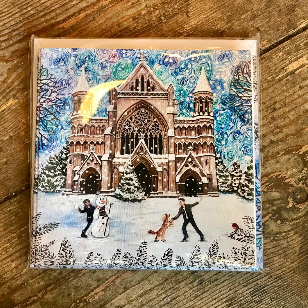 Pack of 10 Xmas cards - snowy Cathedral little referee