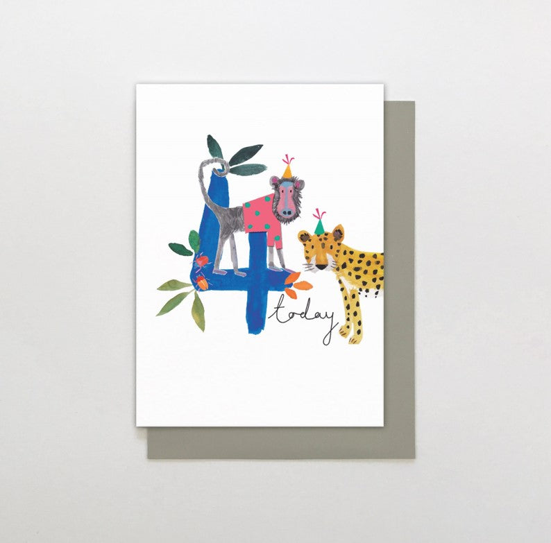 4 today monkey & leopard birthday card