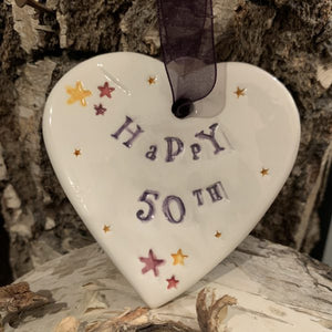 50th birthday handmade ceramic hanging heart