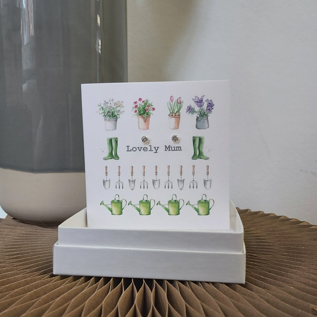 Boxed earrings card - gardening lovely mum