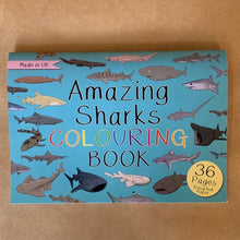 Load image into Gallery viewer, A colouring book matches the amazing sharks fact cards by Button &amp; Squirt.  The book has 36 pages to colour, featuring all 35 of the sharks in the fact card set. A great gift for a shark fan!
