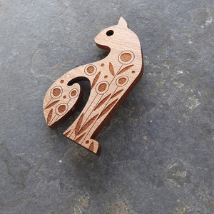 Cherry wood veneer art deco cat brooch