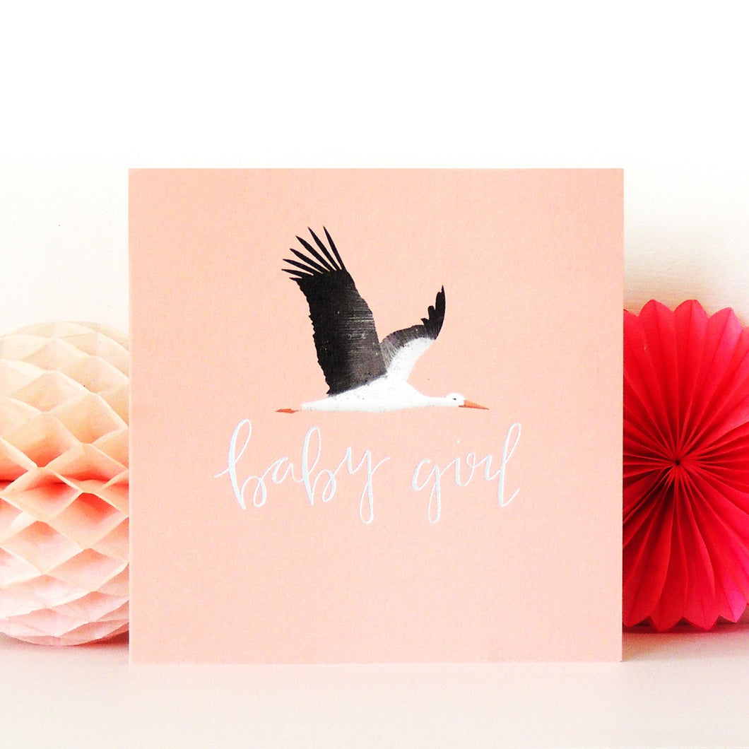 Stork new baby card - pink