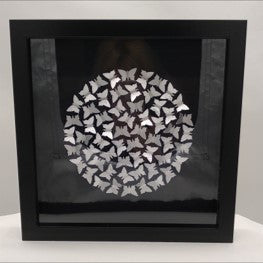 Small print - small silver butterflies in circle on black back - black frame