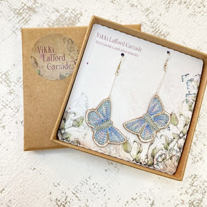 Blue, pink & white butterfly drop earrings