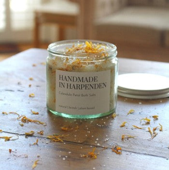 These calendula petal filled multi-mineral bath salts are a perfect luxurious treat to sprinkle in your bath.  It’s an alternative natural bath soak made with a variety of salts infused with Sicilian lemon, rose and calendula essential oils.  Great to soothe aching muscles and aid your ultimate calming bath. 