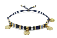 Load image into Gallery viewer, Handmade Mirage navy &amp; gold tila bead charm friendship bracelet
