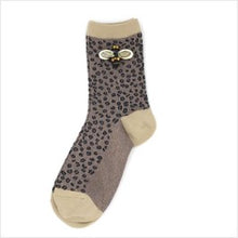 Load image into Gallery viewer, Cheetah luxe socks with bumblebee pin - olive
