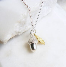 Load image into Gallery viewer, Acorn with gold leaf pendant necklace - sterling silver
