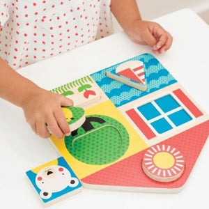 Little ones can easily grab onto the chunky wooden pieces to create their day and night puzzle in his colourful scene.  This would make a lovely gift for any toddler.