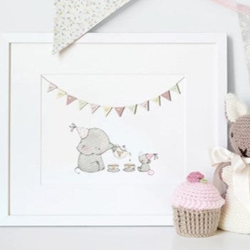 This cute children's painting with pastel pink, lilac and yellow tones would make a lovely addition to a classically decorated bedroom or nursery. A wonderful baby shower or christening gift.