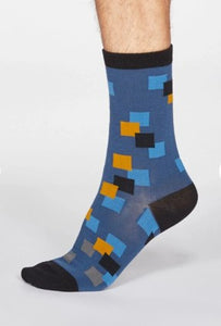 Evan square print organic cotton socks - denim blue