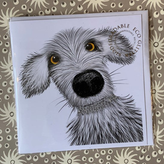 Characterful Spike, embellished with hand applied biodegradable eco glitter – a fun card for that dog lover in your life!