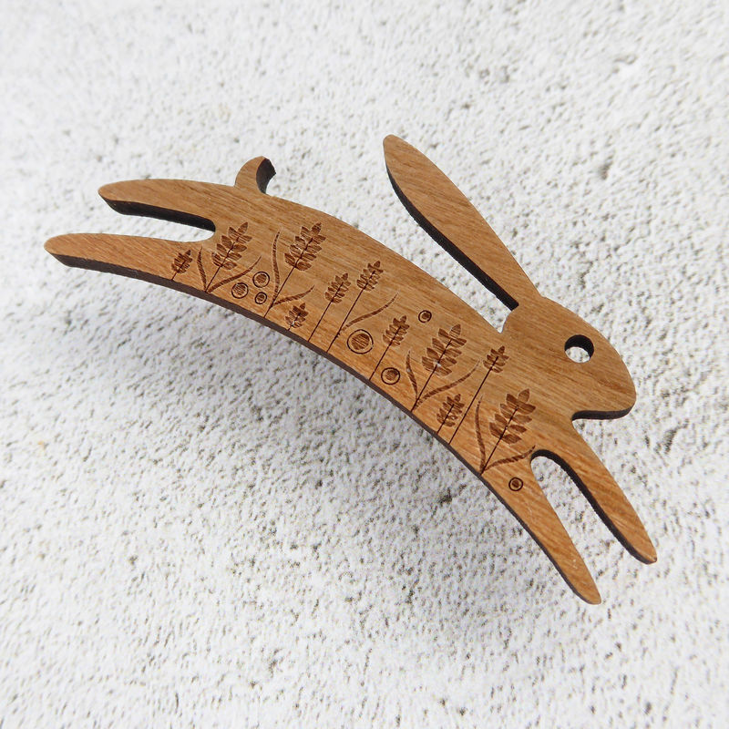Cherry wood veneer hare brooch - small