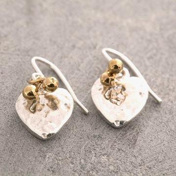 Cast heart silver drop earrings with gold beads