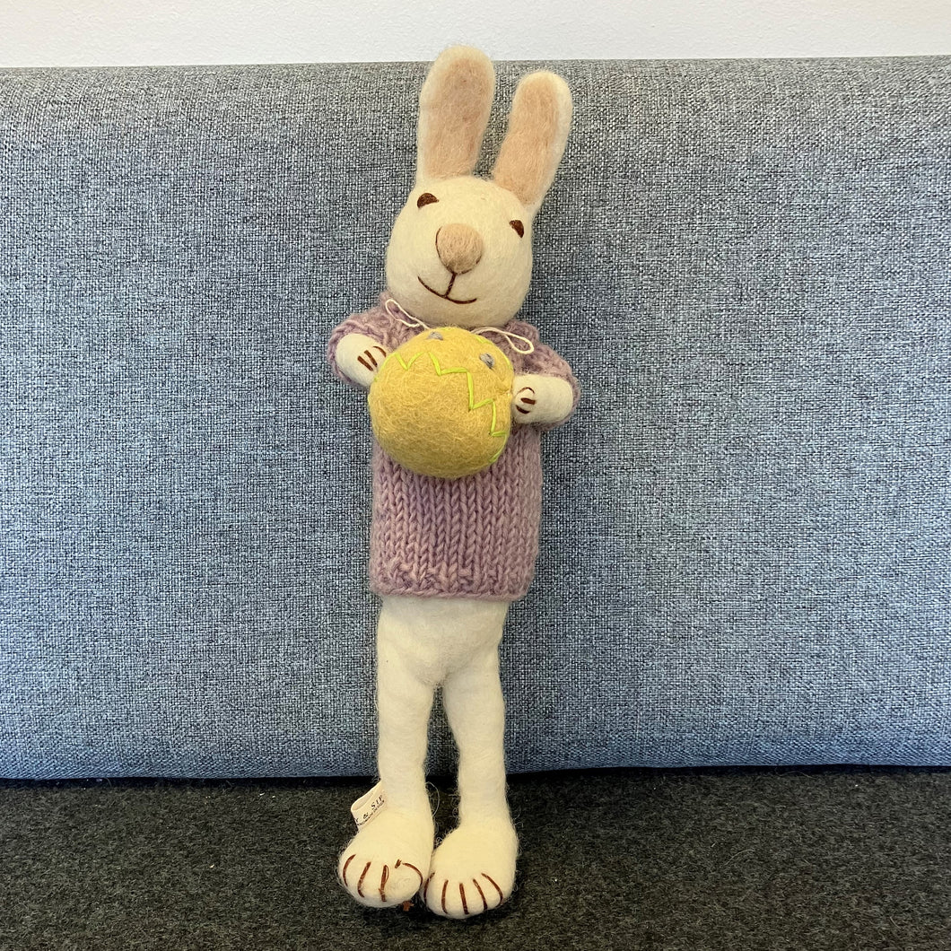 White bunny with purple dress & yellow egg - large