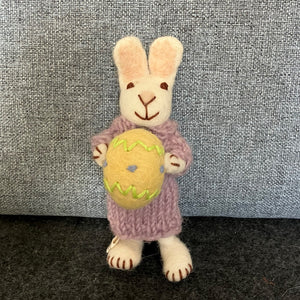 White bunny with purple dress & yellow egg - large