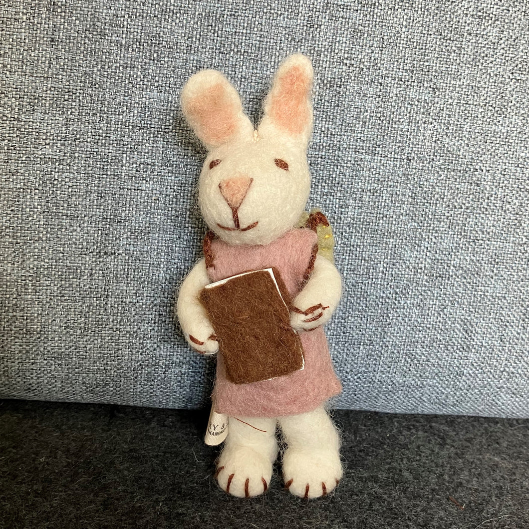 White bunny with lavender dress & book