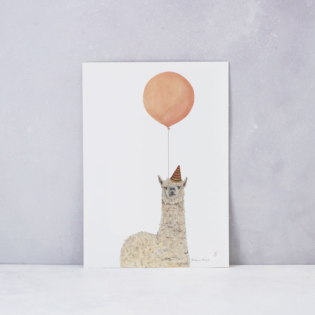 A cheeky llama and his balloon, a fun print to have in a child's bedroom.